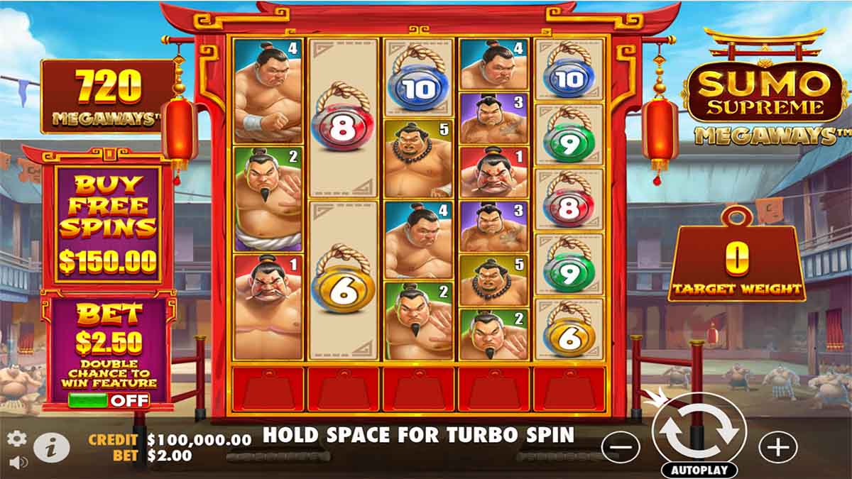 Sumo Supreme Megaways slot game by Pragmatic play, base game view