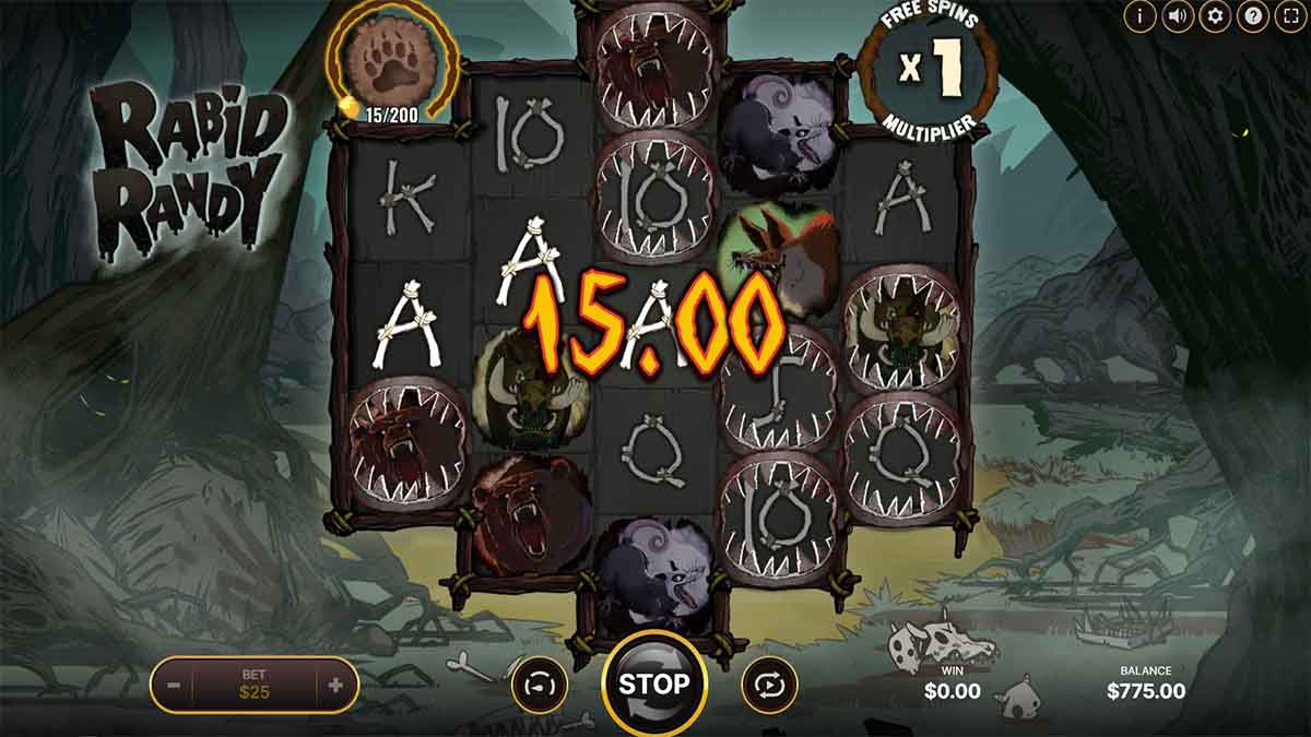 Rabid Randy slot game by NetEnt, showing Win of 15.00