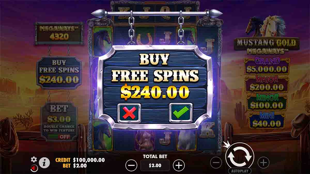 Mustang Gold Megaways slot game by Pragmatic Play, Buy free spins