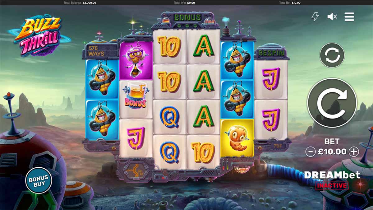 Buzz Thrill slot game by DreamSpin, Base Game view