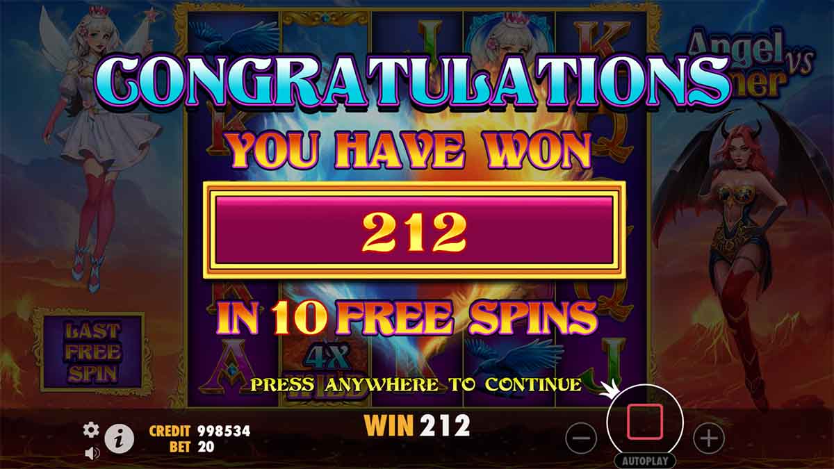 Angel vs Sinner slot game by Pragmatic Play, 212 Total win in 10 free spins