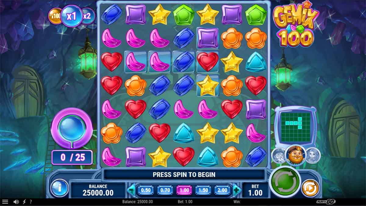 Gemix 100 slot game by Playn GO, base game view