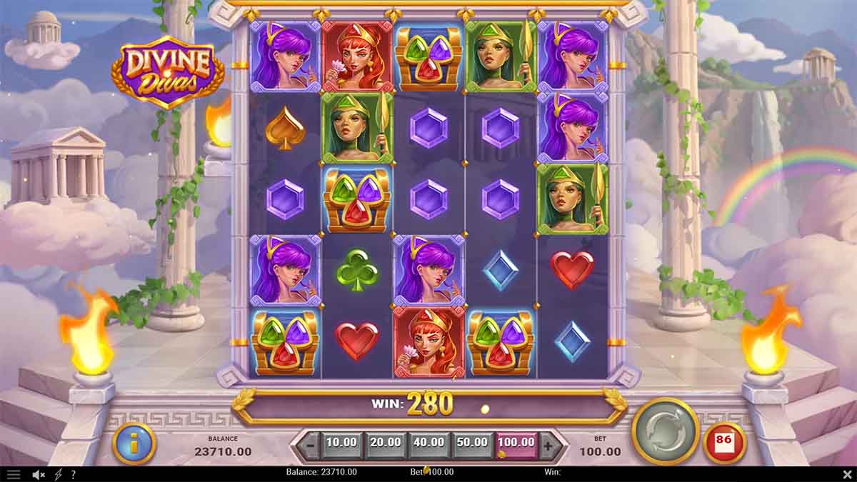 Divine Divas slot game by Playn Go showing win of 280