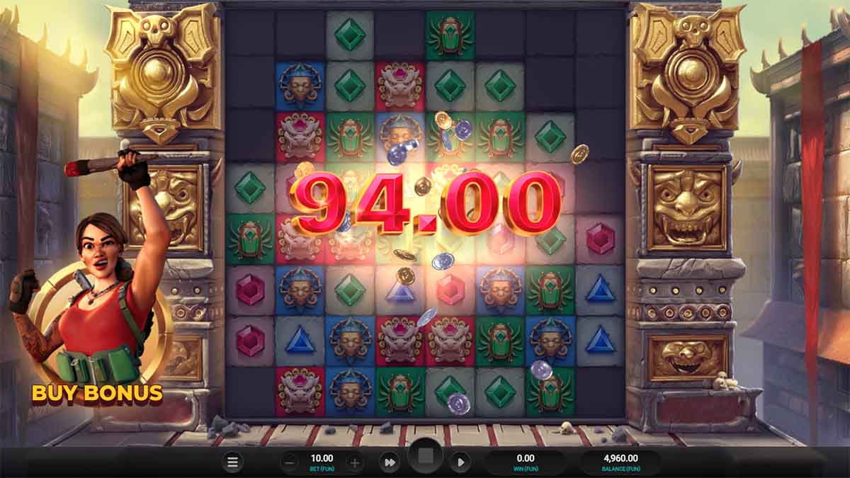 Cluster Tumble slot game by Relax Gaming, showing Win of 94.00