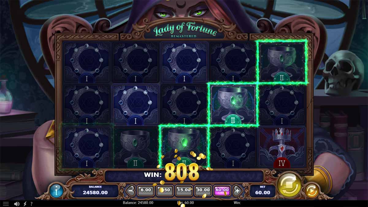 Lady of Fortune Remastered slot game by Play'n Go, showing Win of 808.00