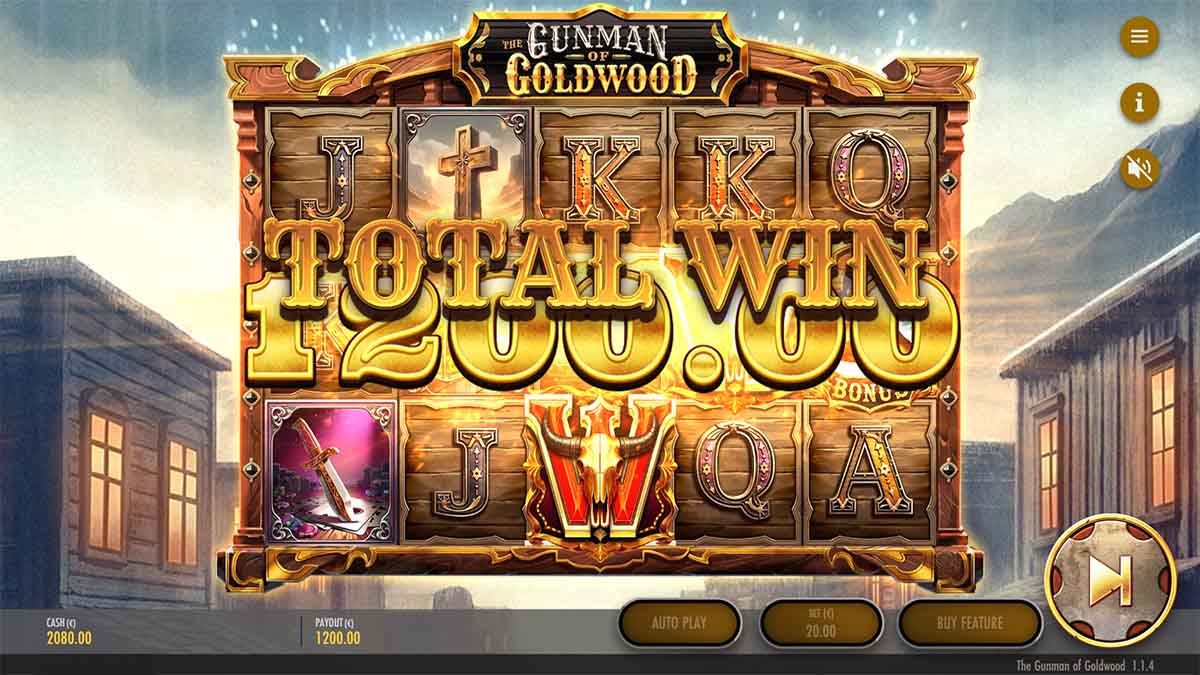 The Gunman of Goldwood slot game by Thunderkick showing Total Win of €1200