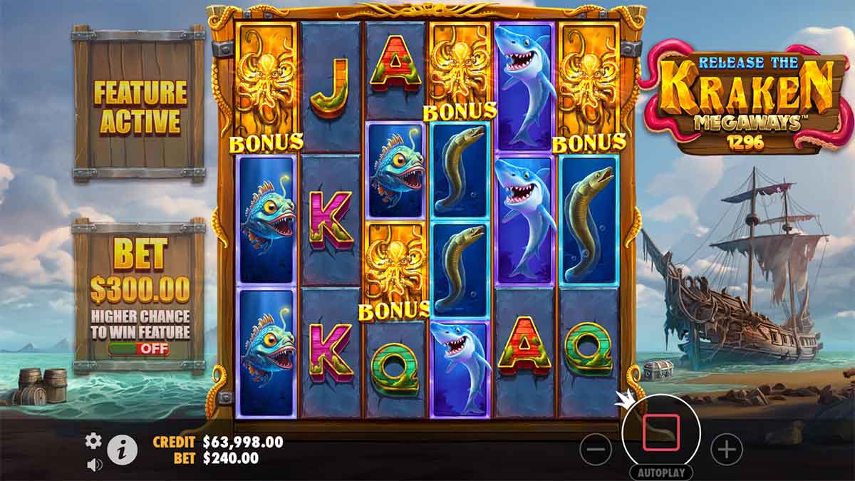 Release the Kraken Megaways slot game by Pragmatic Play, featuring Bonus