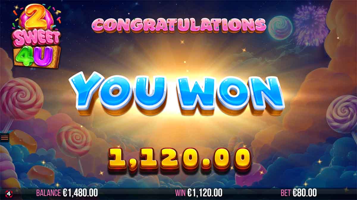 2 Sweet 4 U slot game by 4ThePlayer showing Total Win of €1,120