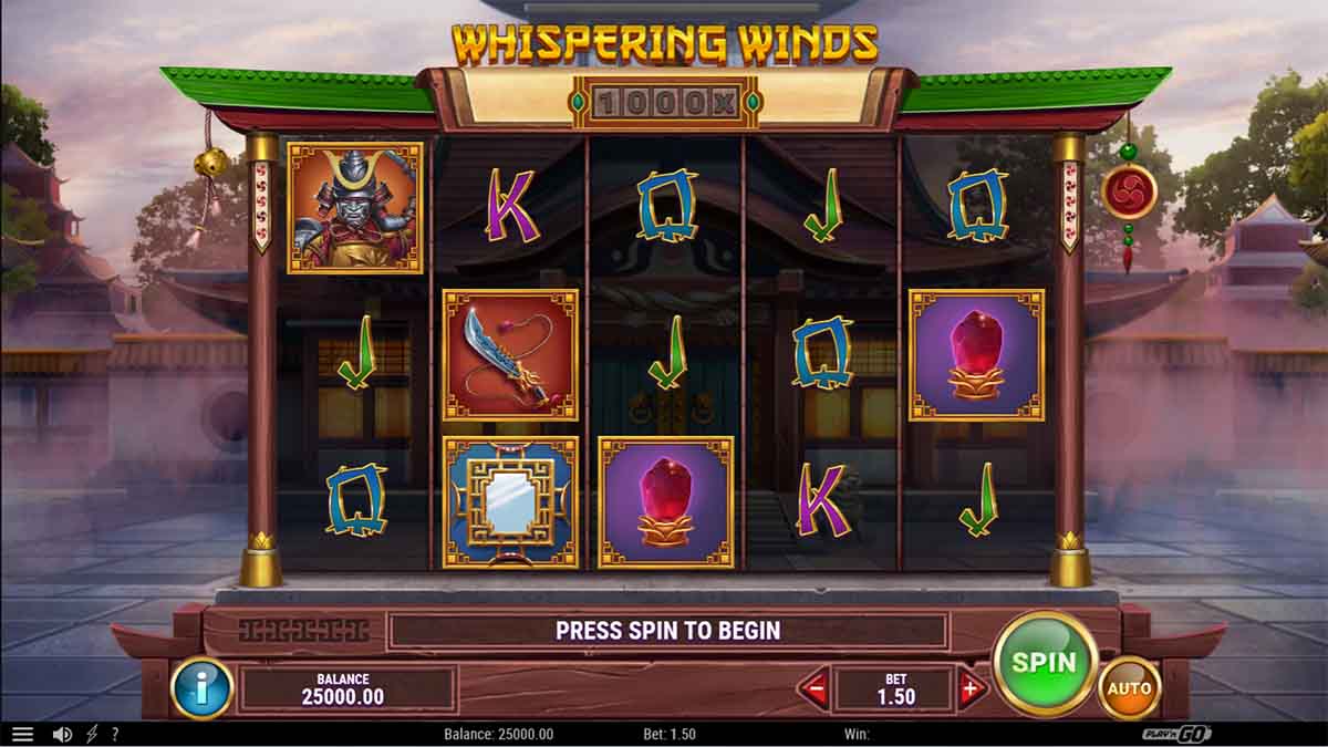 Whispering Winds slot game by Playn GO, base game view