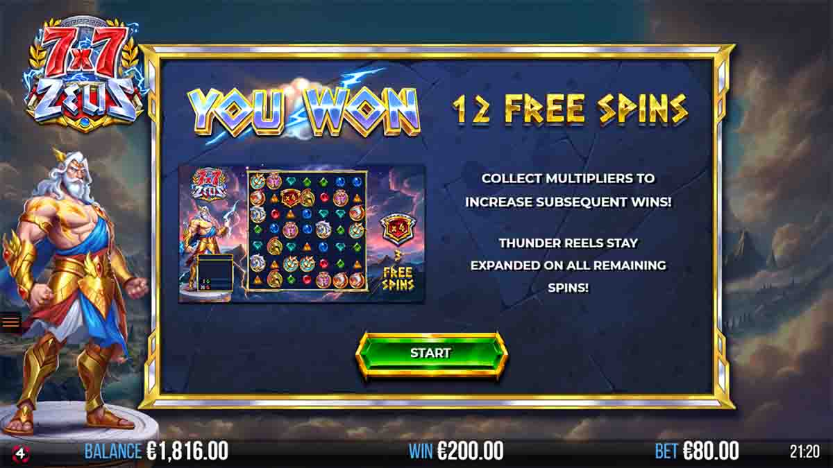 7x7 Zeus slot game by 4ThePlayer, 12 free spins