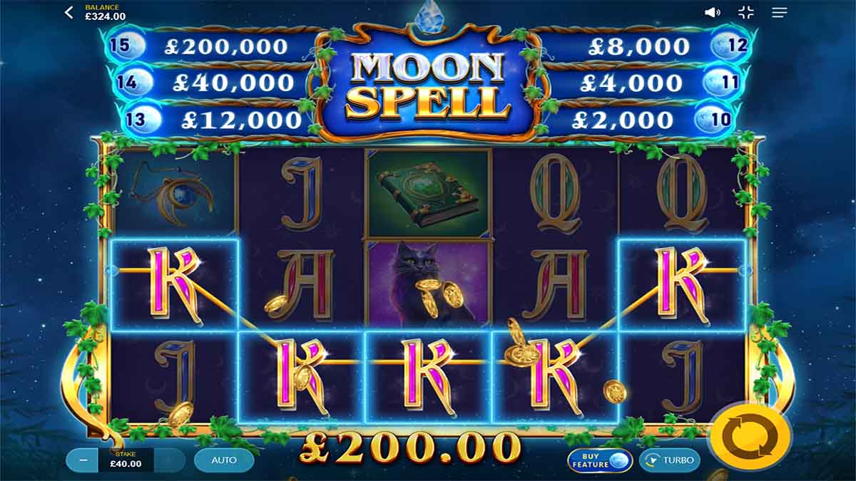 Moon Spell slot game by Red Tiger, showing Win of 200.00