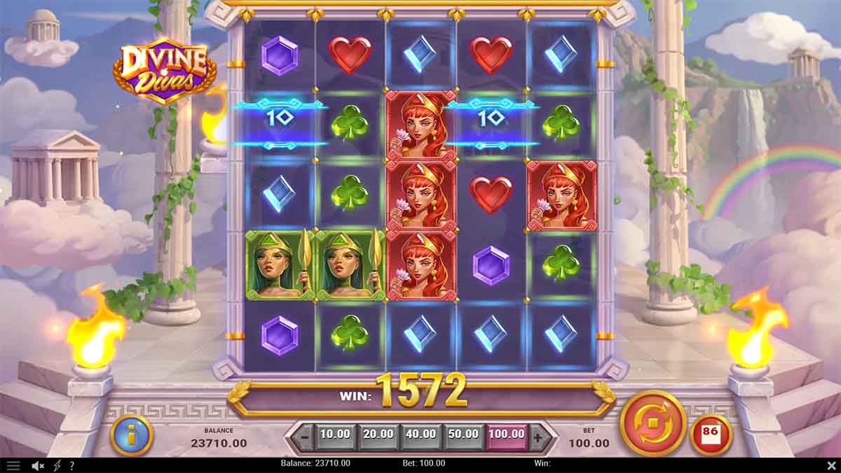 Divine Divas slot game by Playn Go showing win of 1572