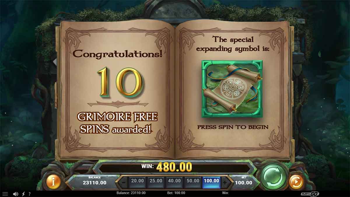 Merlin's Grimoire slot game by Play'n GO, featuring 10 Free Spins