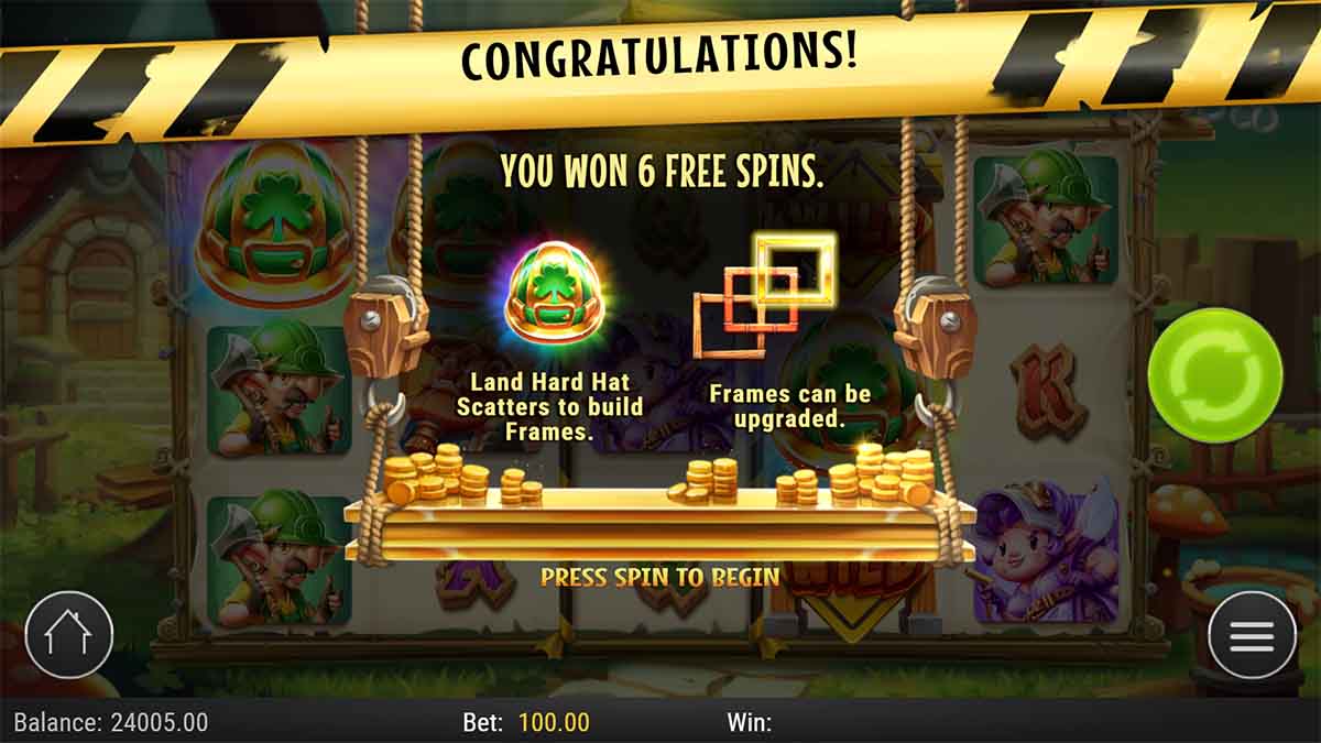 Buildin' Bucks slot game by Pragmatic Play showing won 6 free spins