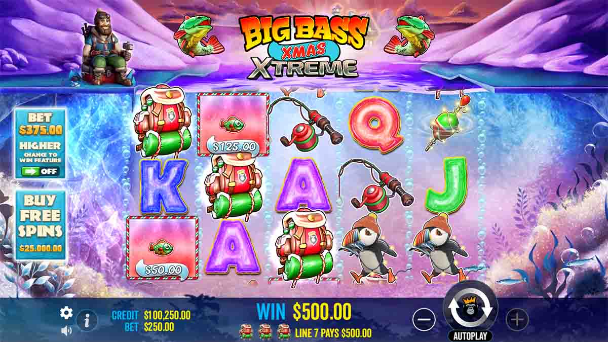 Big Bass Xmas Extreme slot game by Pragmatic Play, showing Win of 500,00