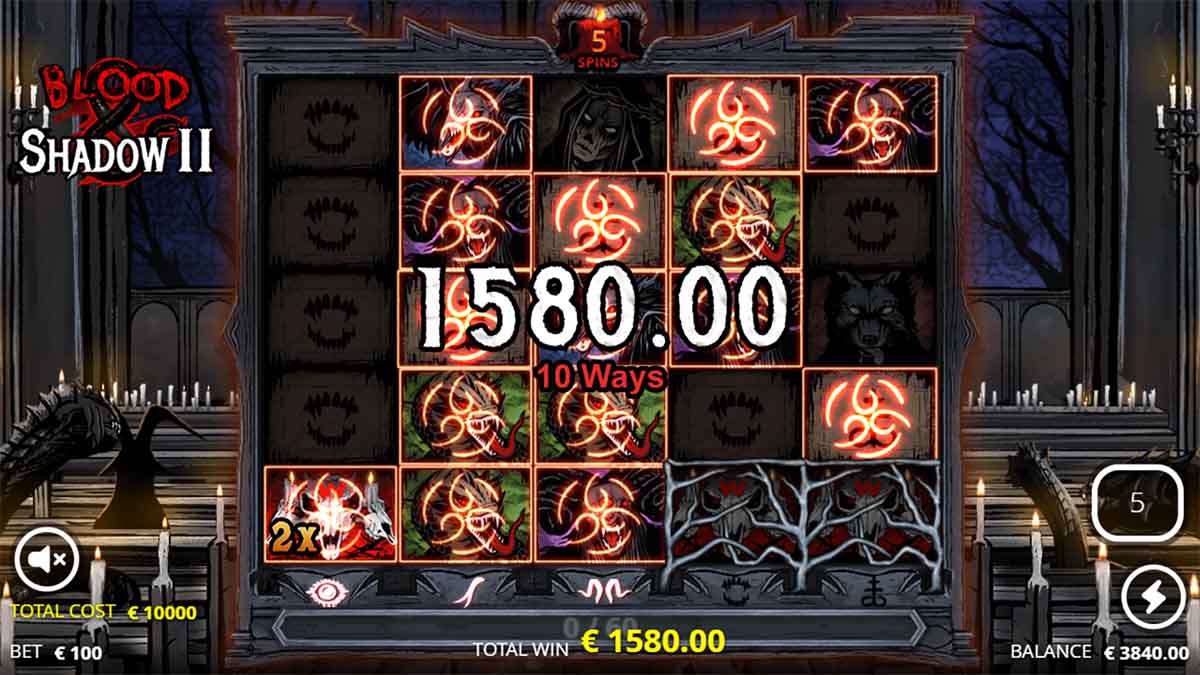 Blood & Shadow 2 slot game by Nolimit City, showing Win of 1,580 in Free Spins