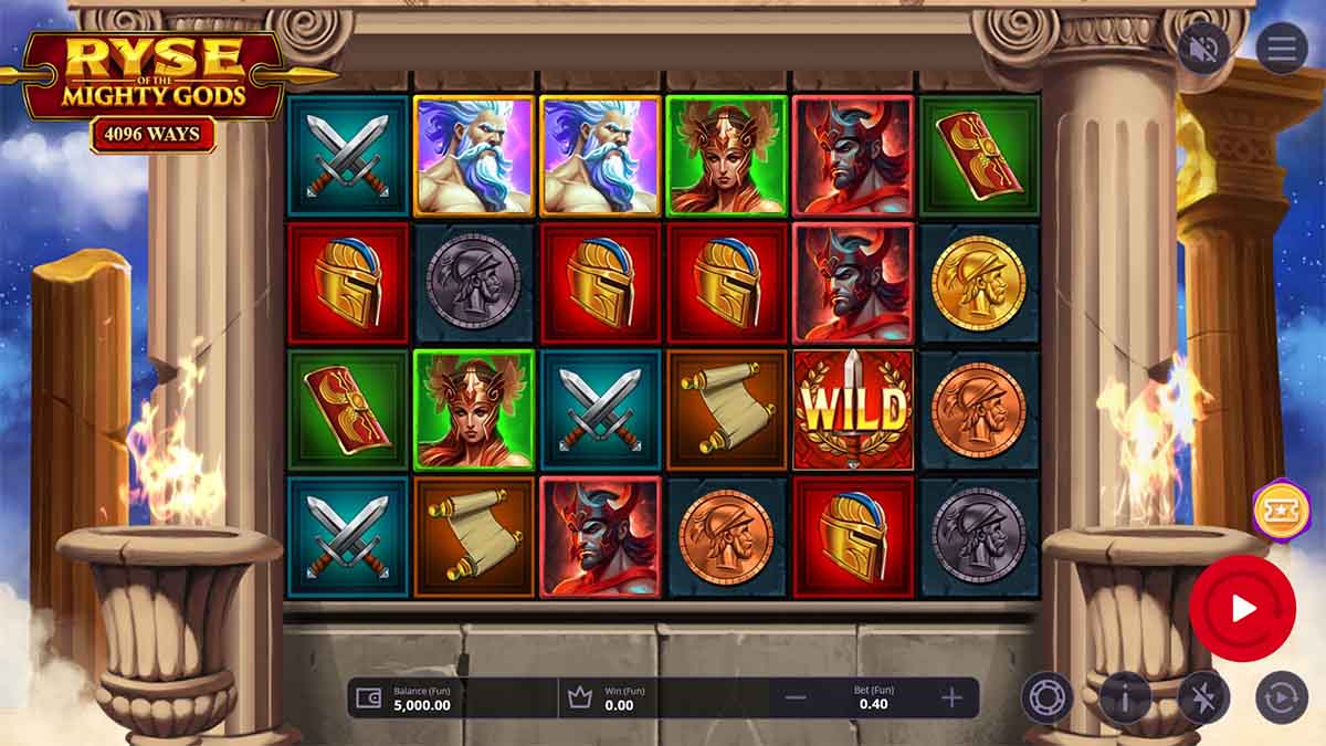 Ryse of the Mighty Gods slot game by OneTouch Gaming, Base Game view