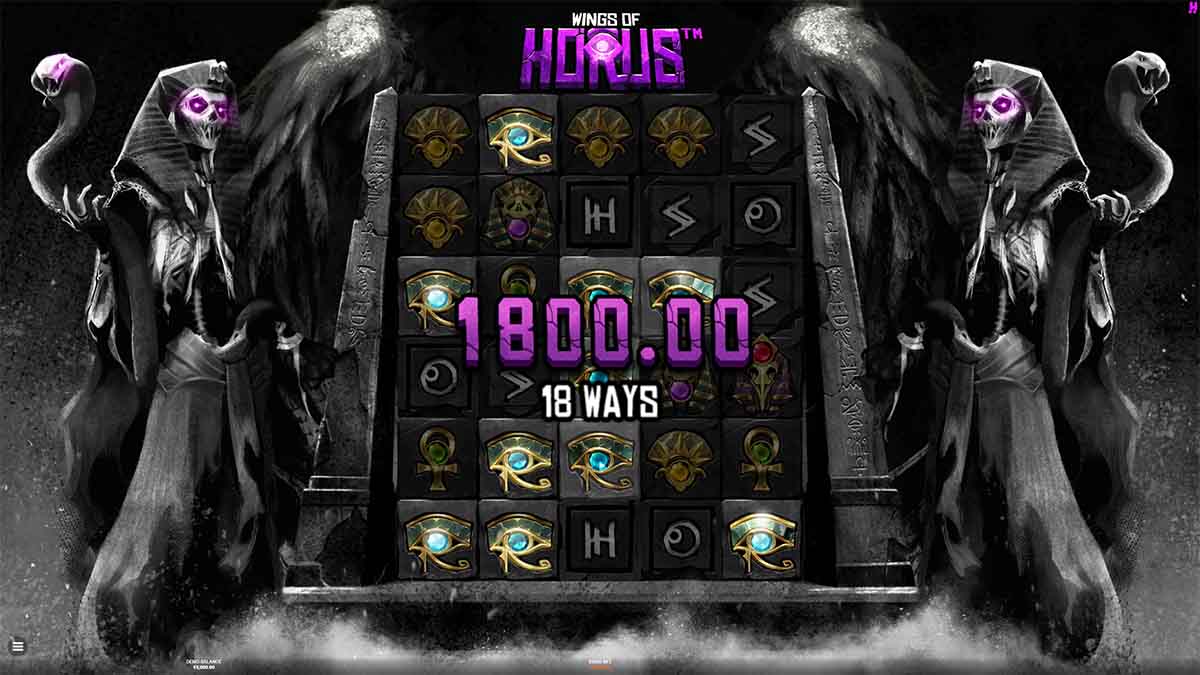 Wings of Horus slot game by Hacksaw Gaming, showing Win of 1,800