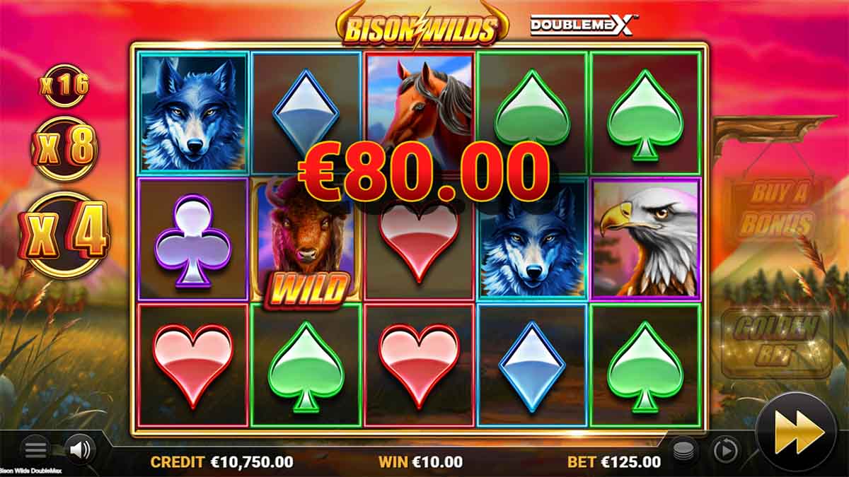 Bison Wilds DoubleMax slot game by Reflex Gaming, showing Win of 80.00