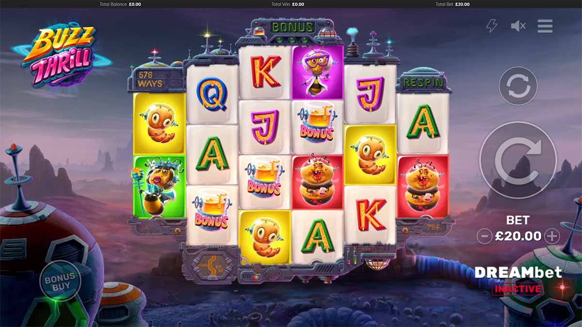 Buzz Thrill slot game by DreamSpin, showing Bonus