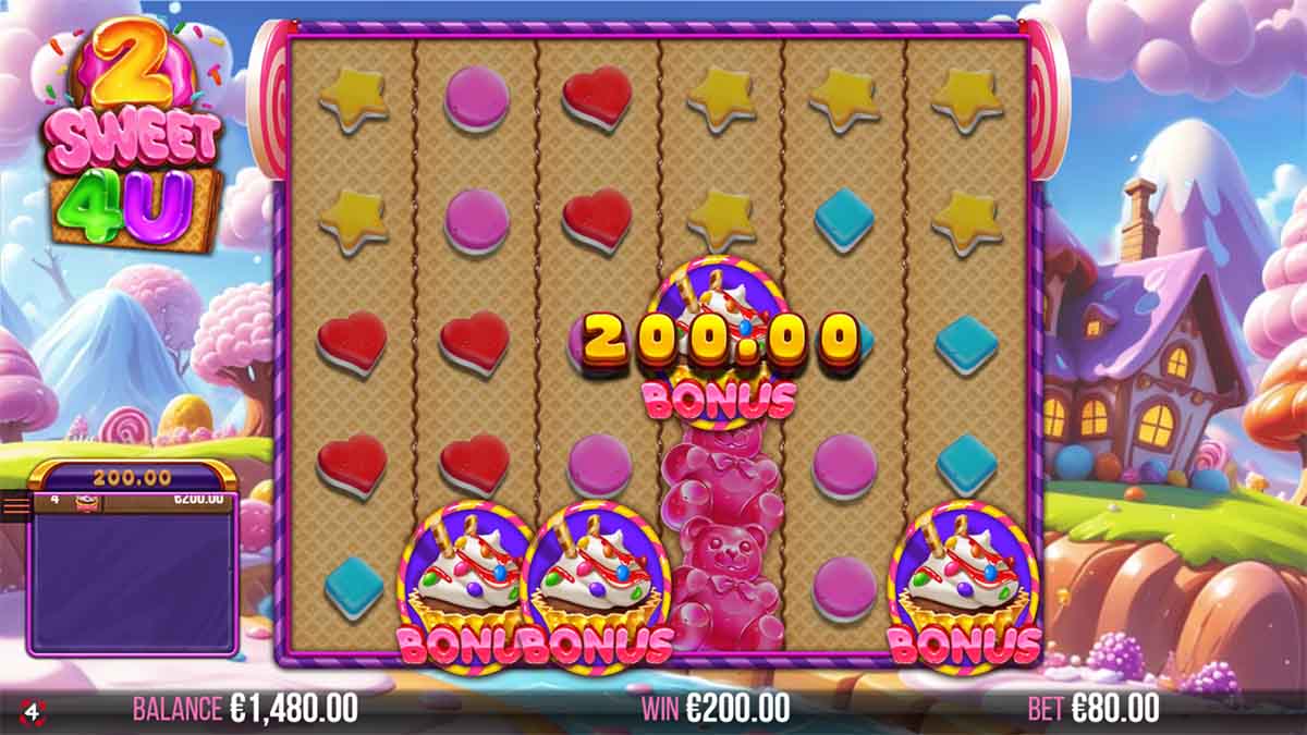 2 Sweet 4 U slot game by 4ThePlayer showing win of 200