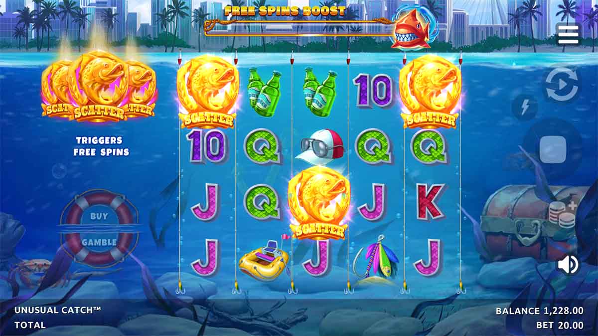 Unusual Catch Win slot game by Northern Lights Gaming, showing Scatter