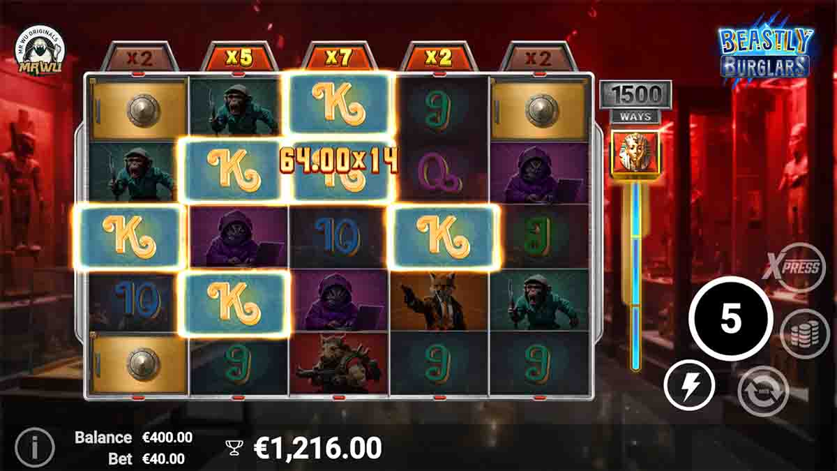 Beasty Burglars slot game by AvatarUX, 64x14 win