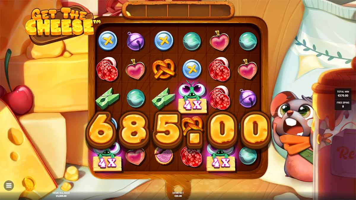 Get The Cheese slot game by Hacksaw Gaming, showing Win of 685.00