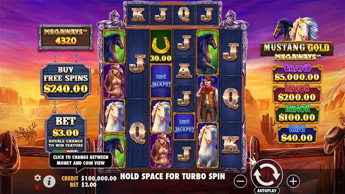 Mustang Gold Megaways slot game by Pragmatic Play, base game