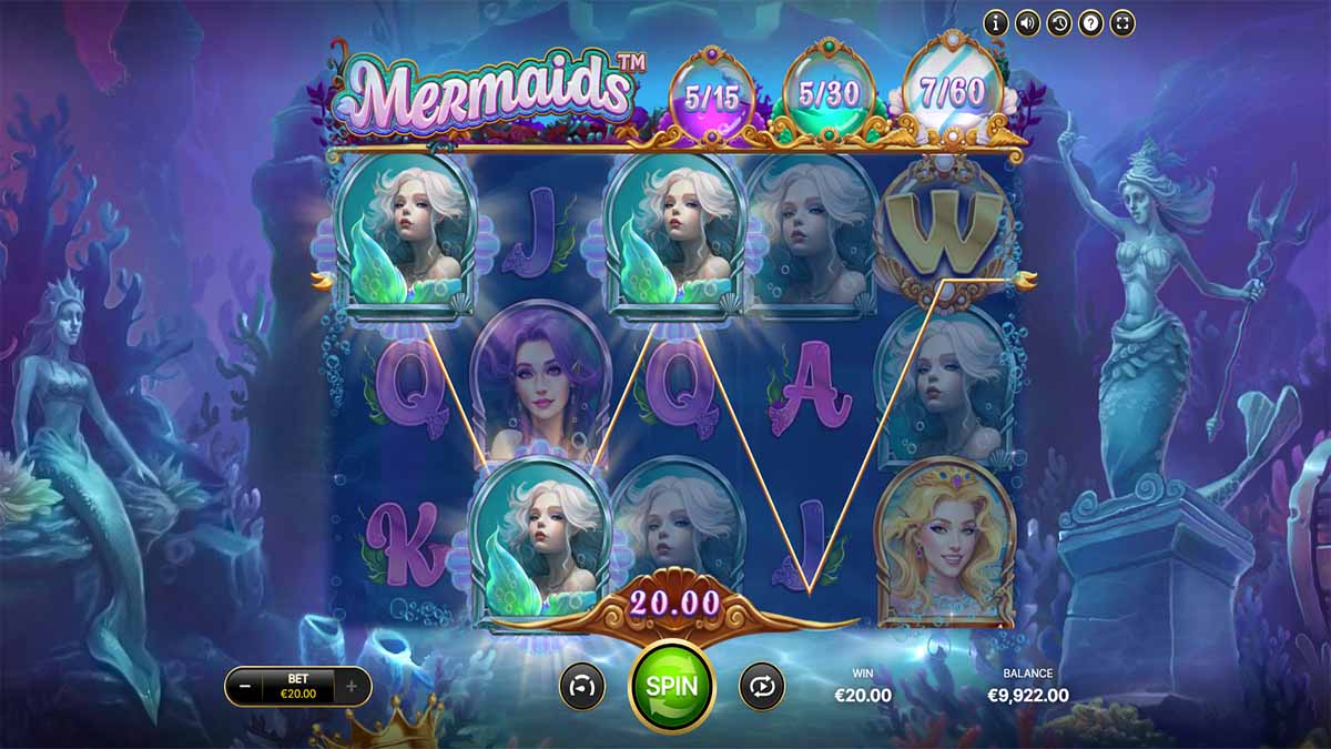 Mermaids slot game by NetEnt showing Win of 20