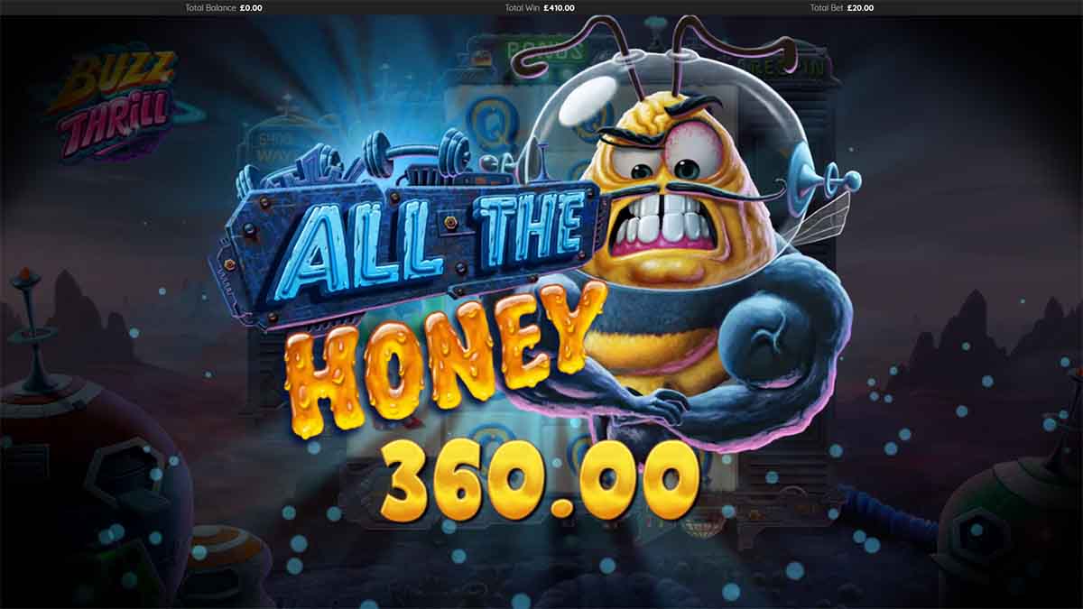 Buzz Thrill slot game by DreamSpin, showing Win of 360.00