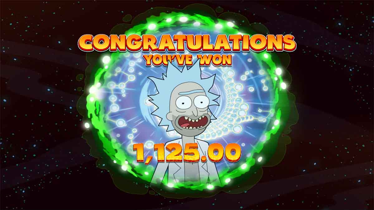 Rick and Morty Strike Back slot game by Blueprint Gaming, showing Total Win of 1,125 from Free Spins