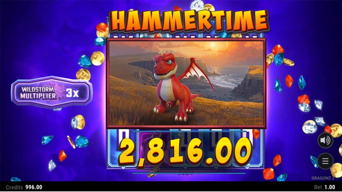 Dragonz 2 slot game by Hammertime Games, showing Hammertime Win of 2,816