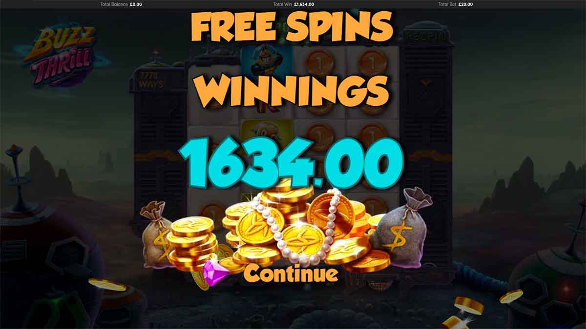 Buzz Thrill slot game by DreamSpin, showing Total Win of 1634.00