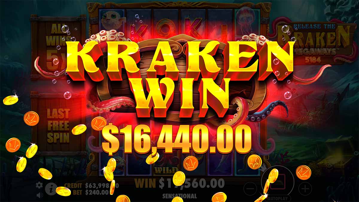 Release the Kraken Megaways slot game by Pragmatic Play, showing Kraken Win of 16,440