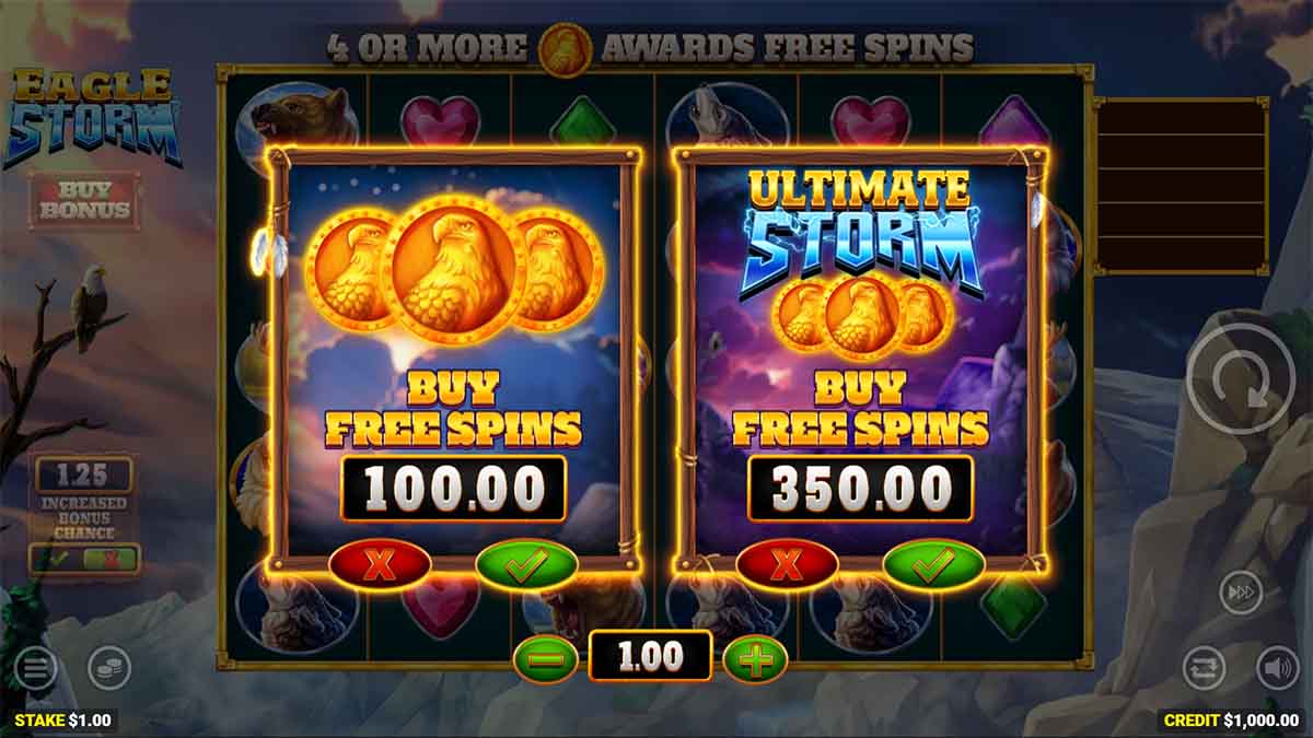 Eagle Storm slot game by Bluepring Gaming featuring bonus buy