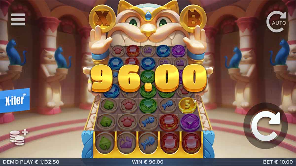 Catemple slot game by ELK Studios, showing Win of 96.00