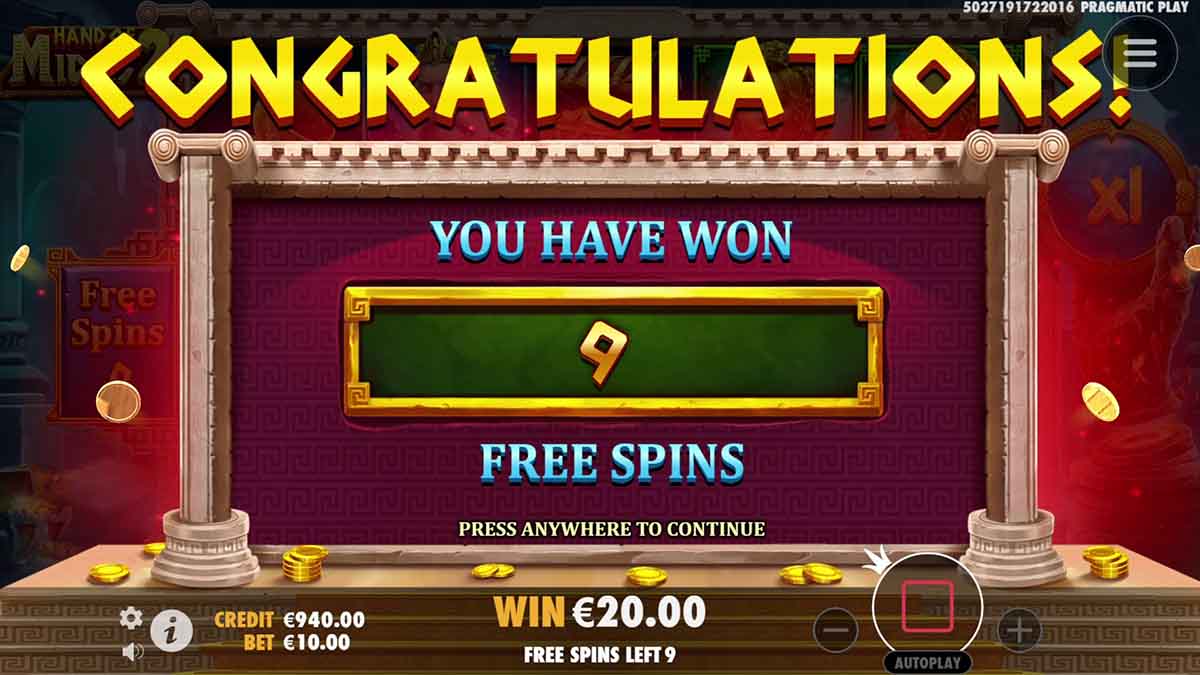 Hand of Midas 2 slot game by Pragmatic Play, 9 free spins