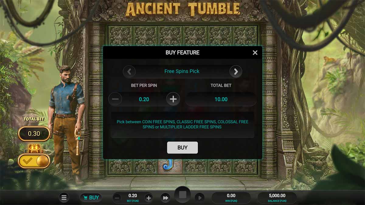 Ancient Tumble slot game by Relax Gaming, featuring Buy Feature