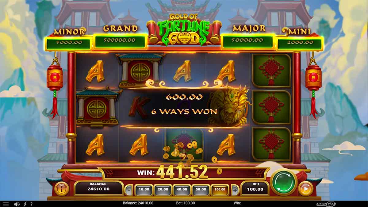 Gold of Fortune God slot game by Play'n GO, showing Win of 600.00