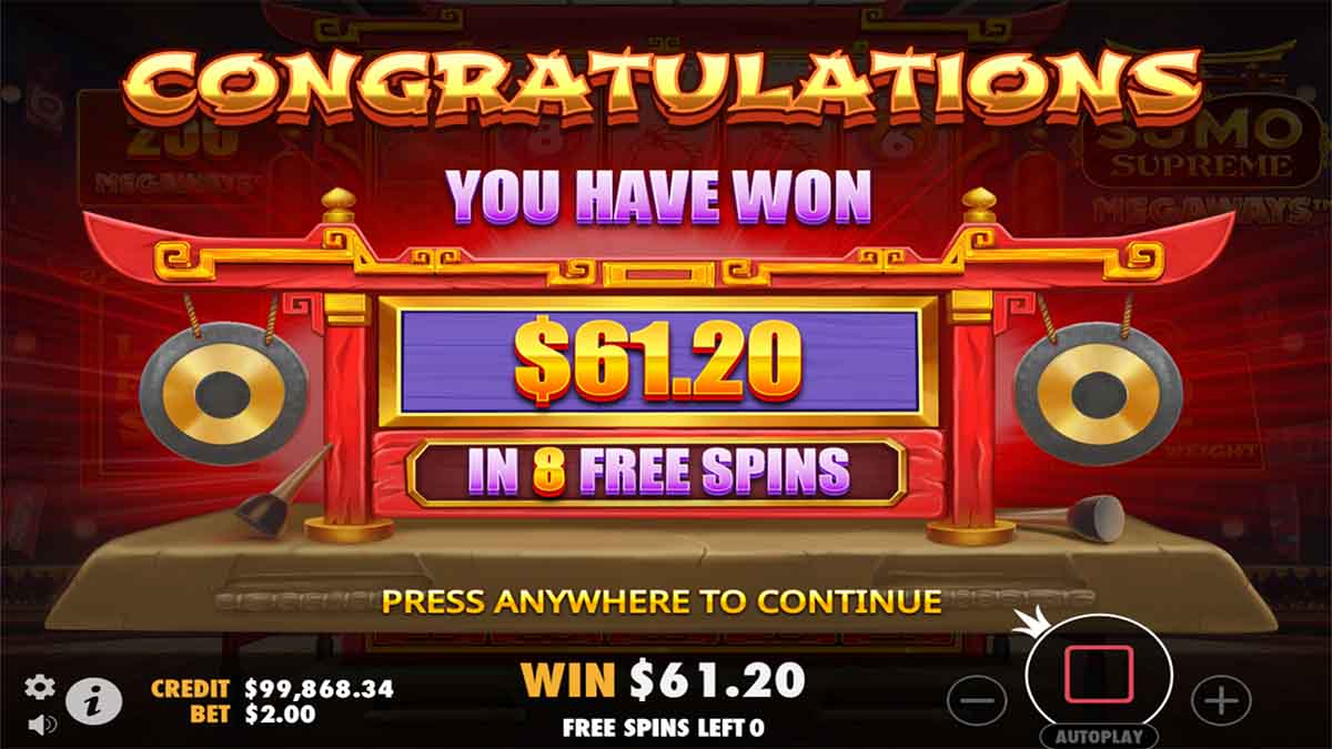 Sumo Supreme Megaways slot game by Pragmatic play, 61.20 win