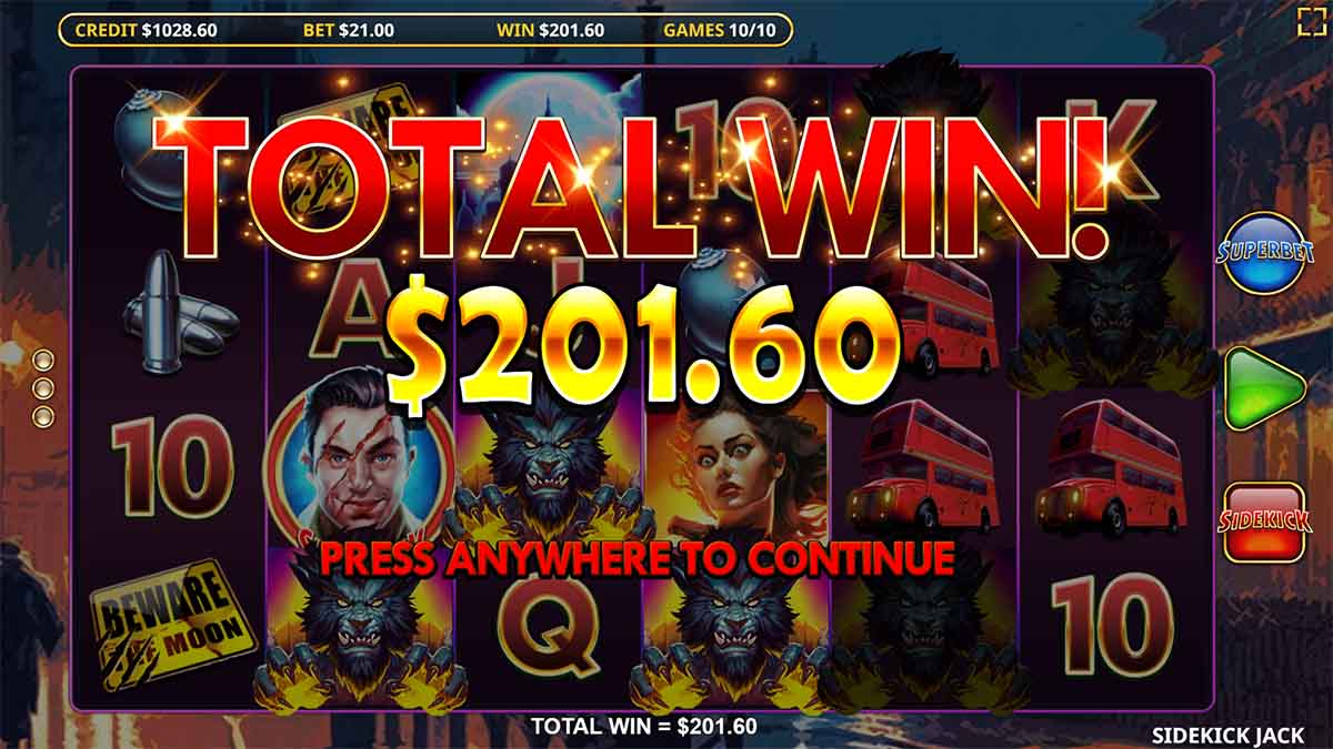 Sidekick Jack slot game by Wicked Games, showing Total win of 201.60 from Free Spins