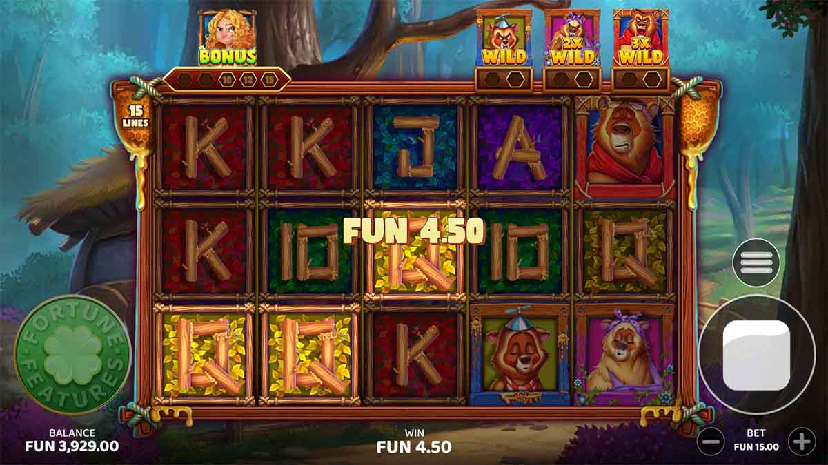 The 3 Bears slot game by Four Leaf Gaming, showin Win of 4,50