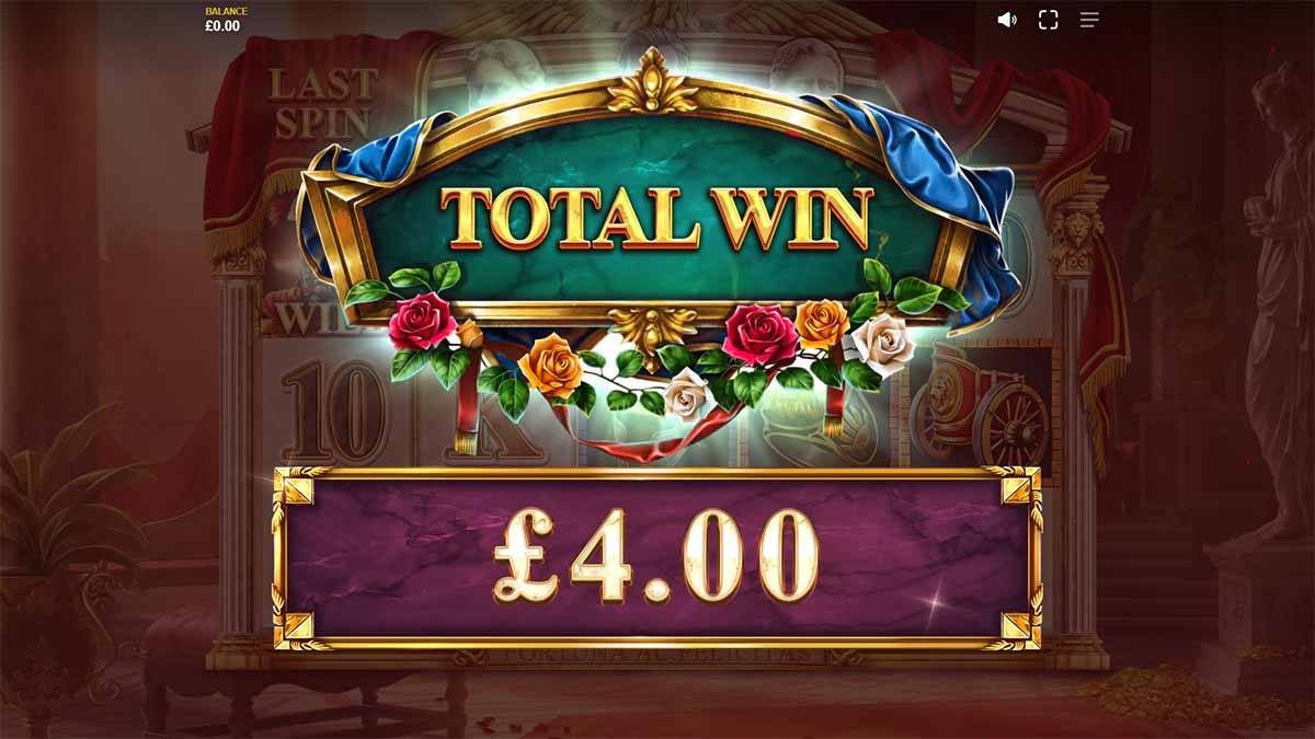 Roman Emperors slot game by Red Tiger, showing Total Win of 4.00