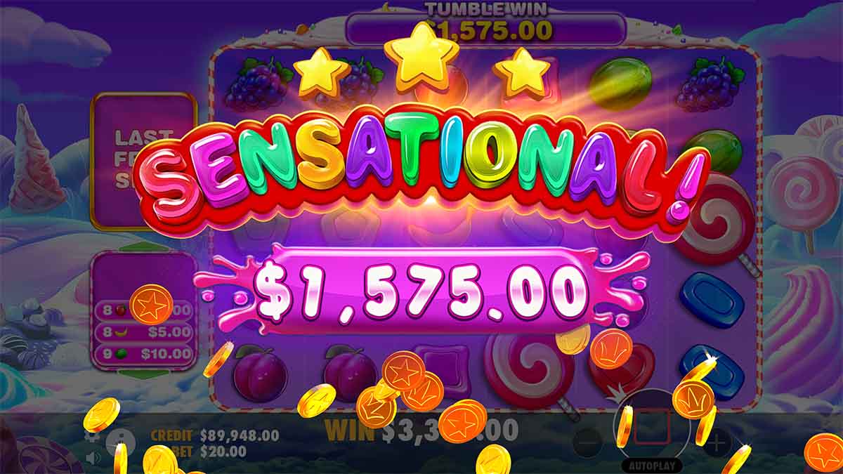 Sweet Bonanza 1000 slot game by Pragmatic Play, showing Sensational Win of 1,575 from Free Spins