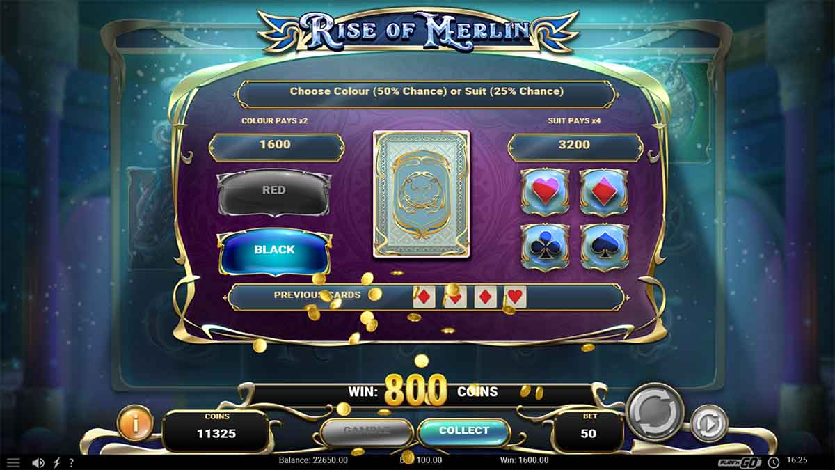 Rise of Merlin slot game by Play'n GO, showing Gamble Win of 1600.00