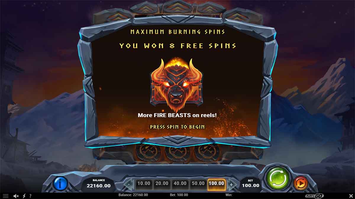 Beasts of Fire Maximum slot game by Playn GO showing 8 Free Spins