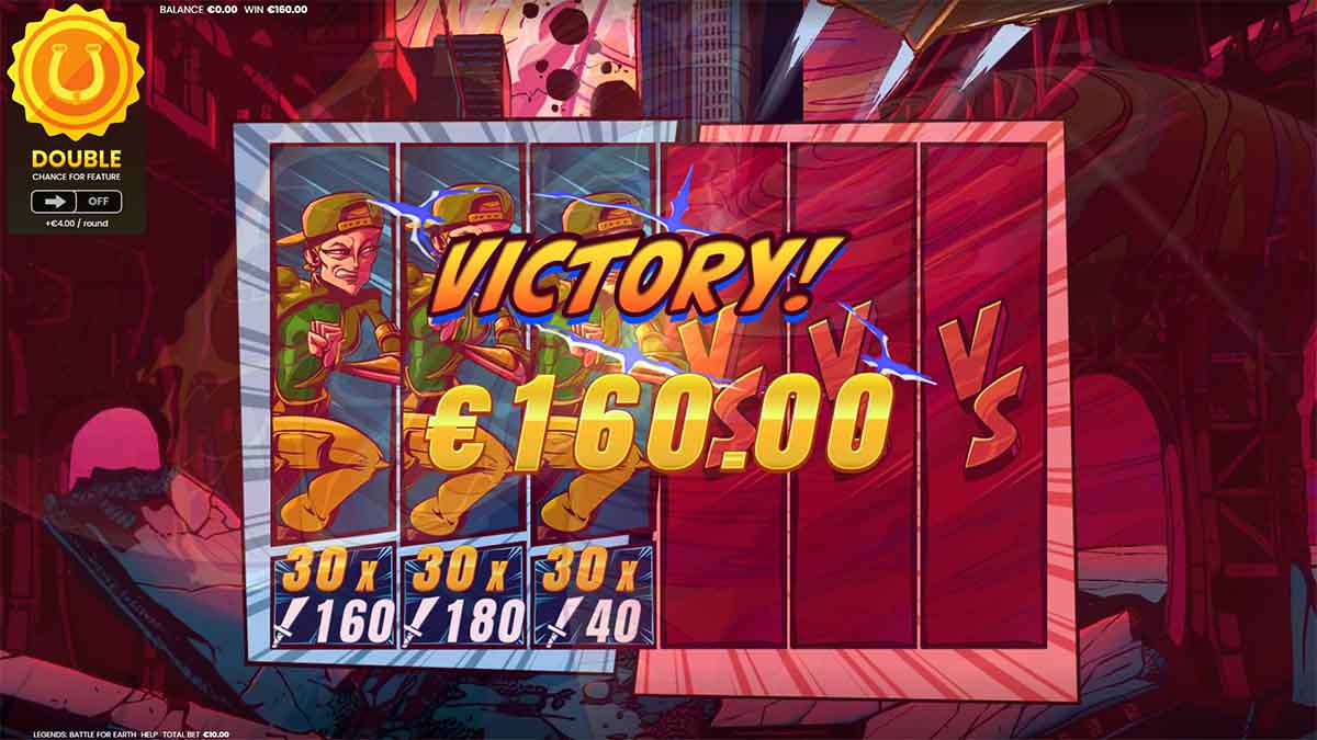 Legends Battle Of Earth slot game by Octoplay, showing Victory Win of 160.00