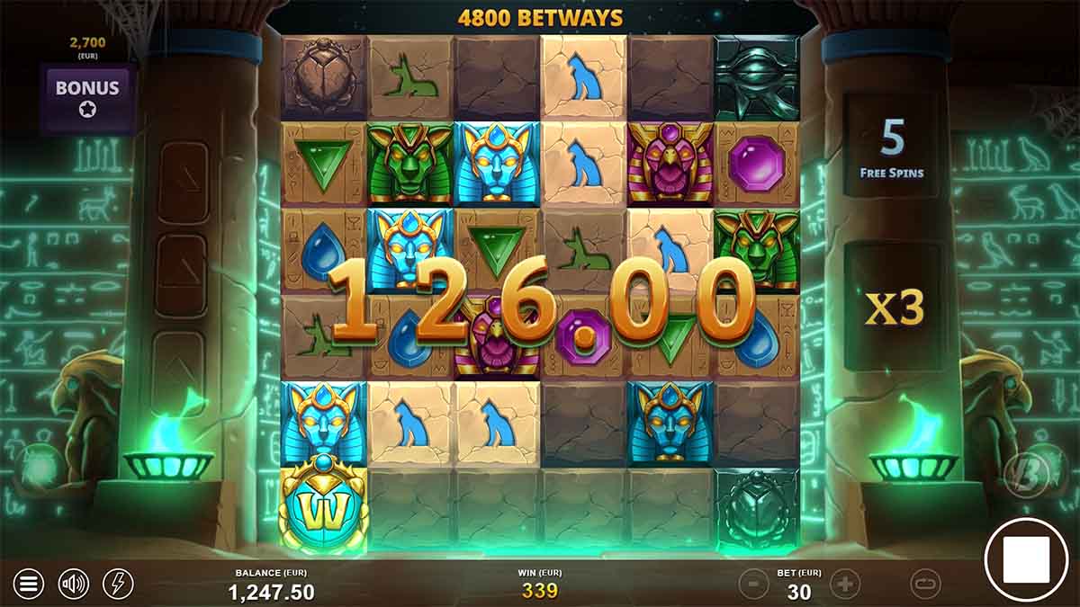 Sands of Eternity slot game by Slotmill, showing Win of 126.00 from Free Spins