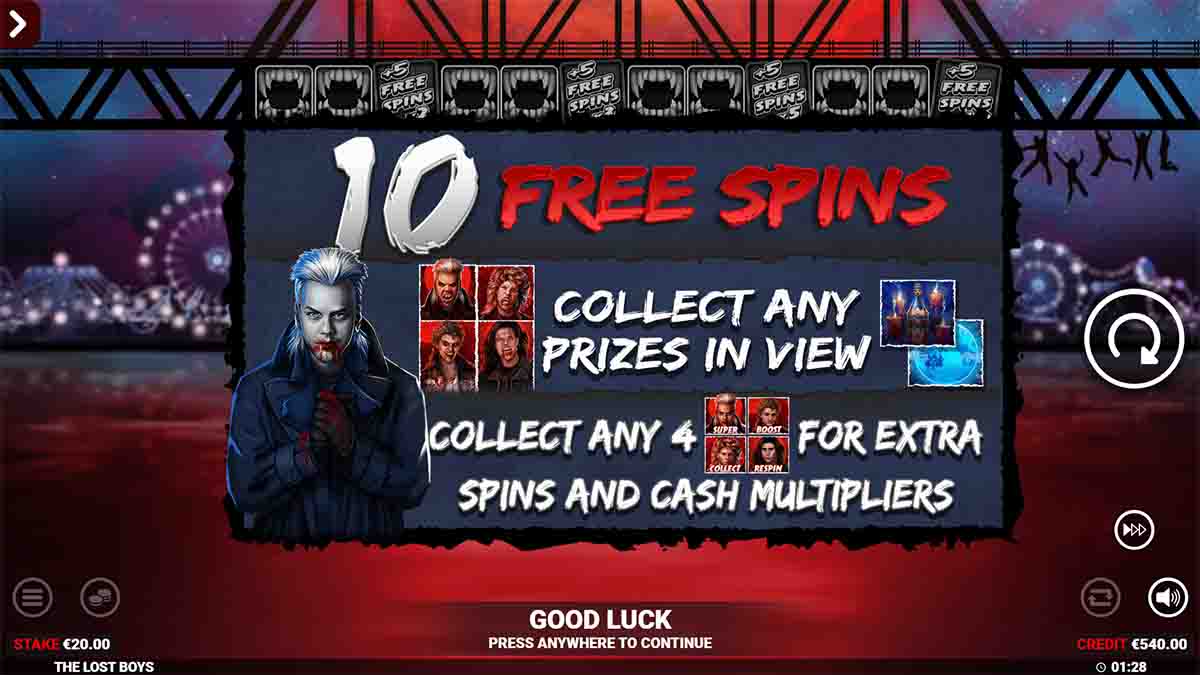 The Lost Boys slot game by Blueprint Gaming, 10 Free spins